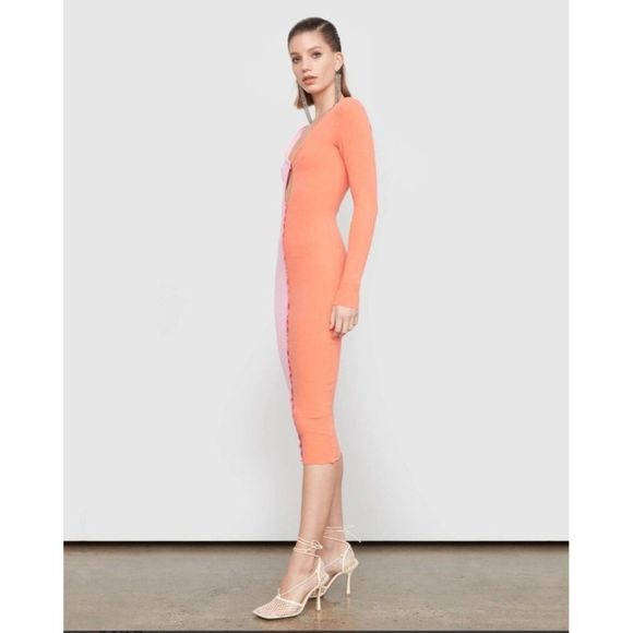 Atoir Pink Orange Colorblocked Saturn Dress Cocktail Long Sleeve Midi Bodycon - Picture 4 of 11